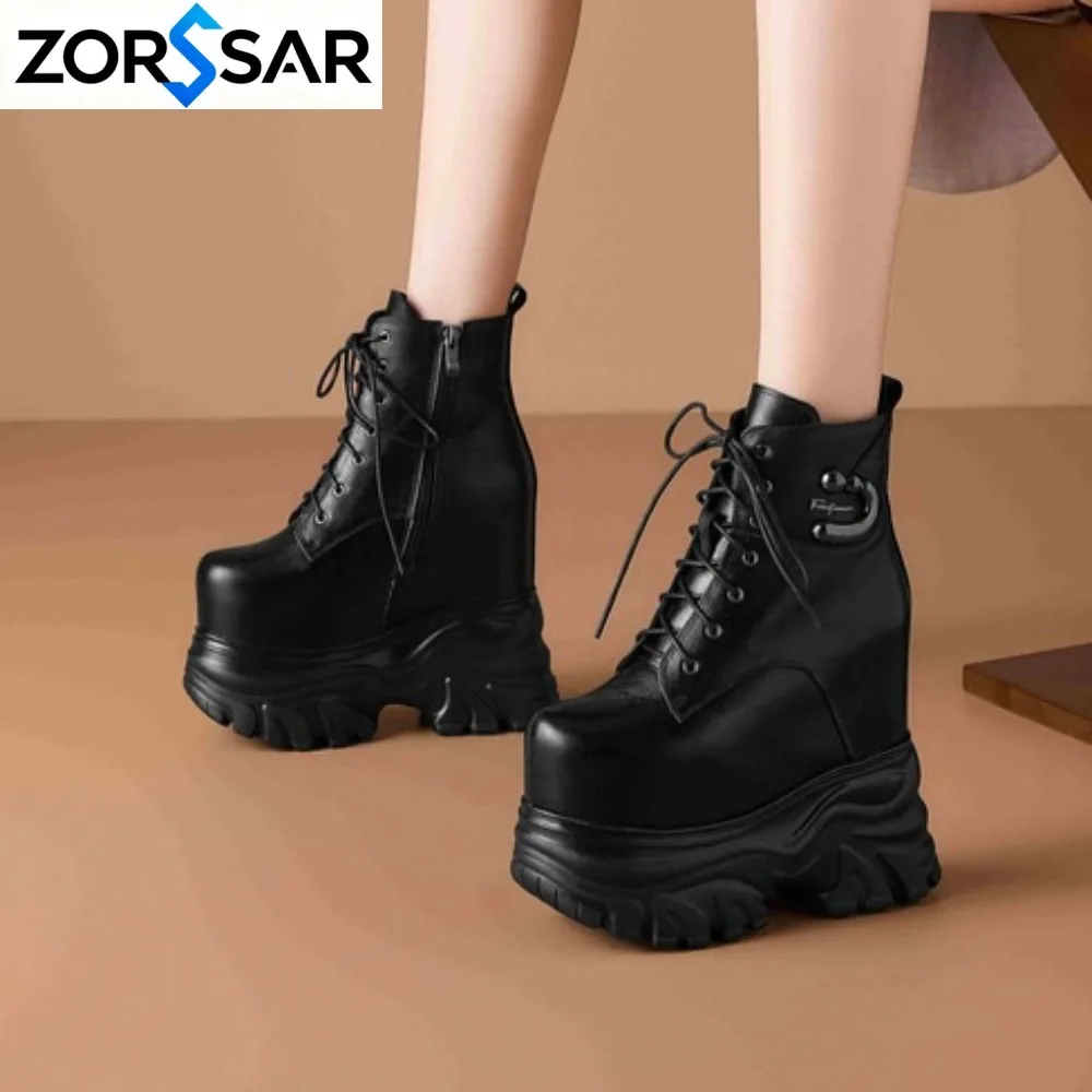 Brand Punk Style Women 16CM Platform Wedges Boots Autumn Soft Leather Fashion Metal Rivet Female Lace Up High Heel Gothic Shoes