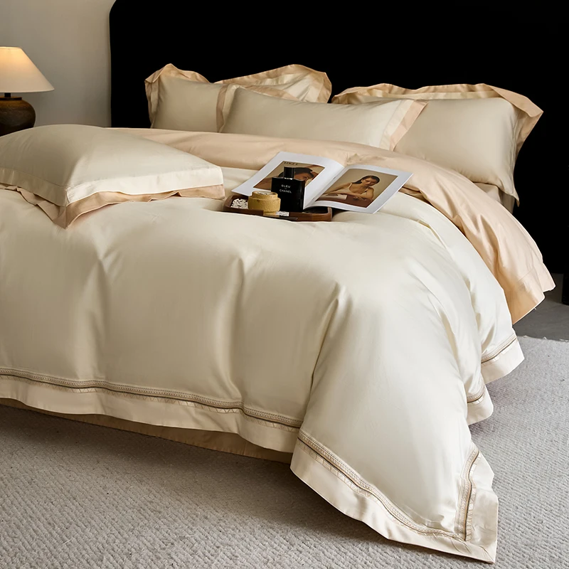 60S Long Staple Cotton Luxury Wide Border Embroidery Bedding Set  100% Cotton Duvet Cover Bed Sheet/Fitted Sheet Pillowcase 4Pcs