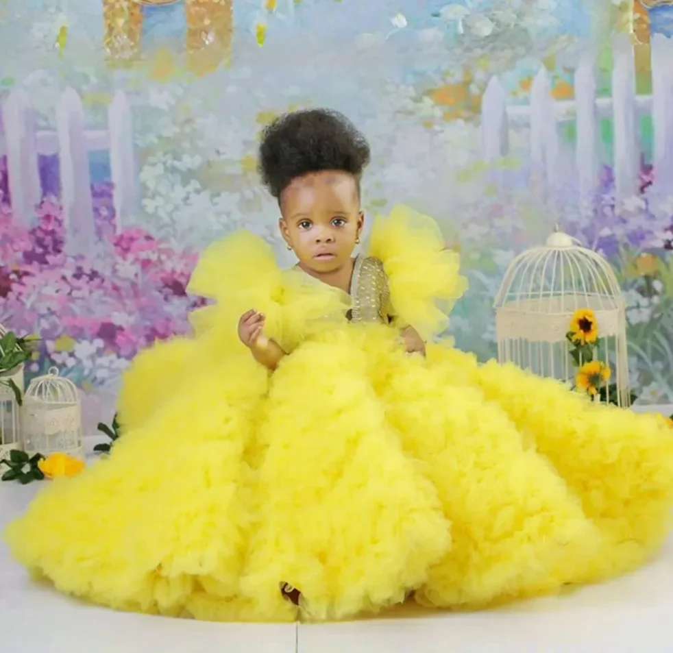 Yellow Fluffy Flower Girl Dress for Weddings Crystal Beaded Ball Gown Kids Ruffles Birthday Party Gowns Quinceanera