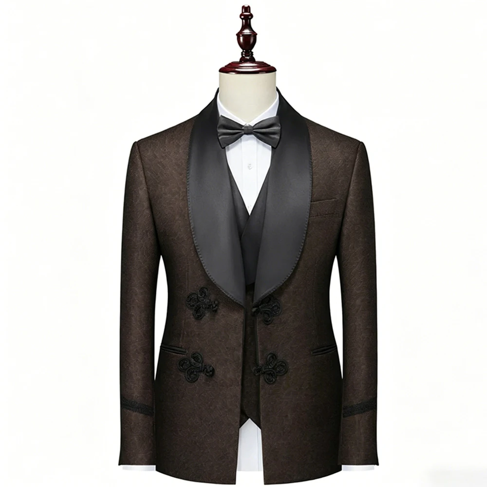 Luxury Men's Brown Woolen Tuxedo Suit Black Satin Shawl Lapel 3-Piece Formal Wedding Set with 3-Leaf Flower Crystal Button