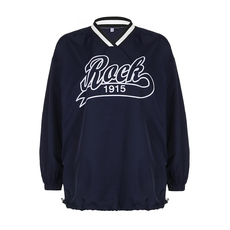 BIIKPIIK patchworkowy nadrukowane litery z paskiem długa bluza z kapturem Streetwear V kołnierz Casual damski płaszcz jesienna moda na wszystkie