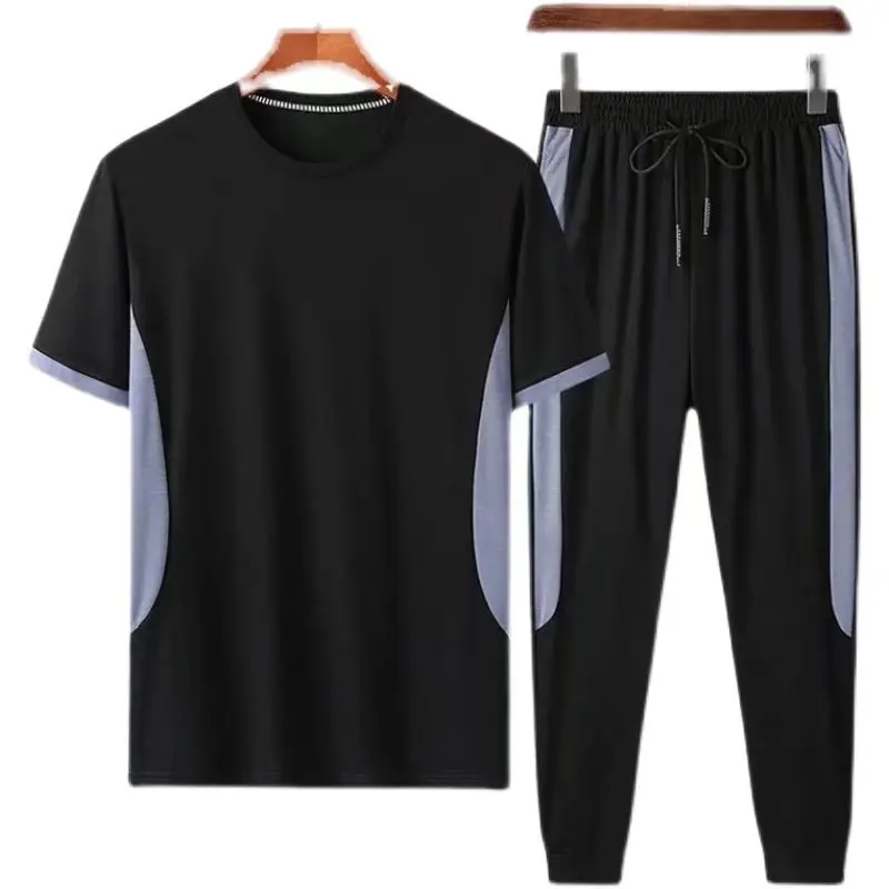 Men's Short Sleeve T-shirt and Pants Suit, Casual Sportswear, Ice Silk, Jogging, Fitness Sports Sets, Male Loose Tracksuit