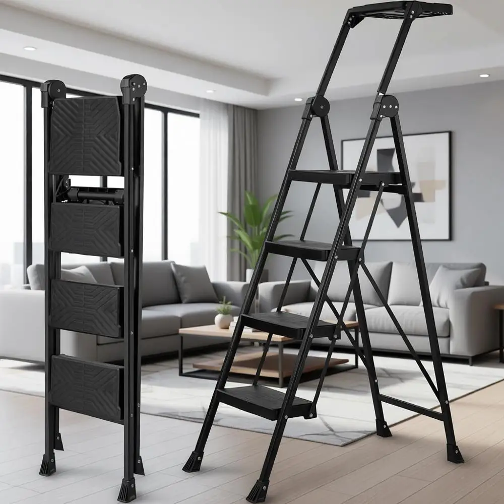 

4-ступенчатая стальная лестница с противоскользящими педалями, широкими ступенями и поддоном для инструментов для дома и улицы