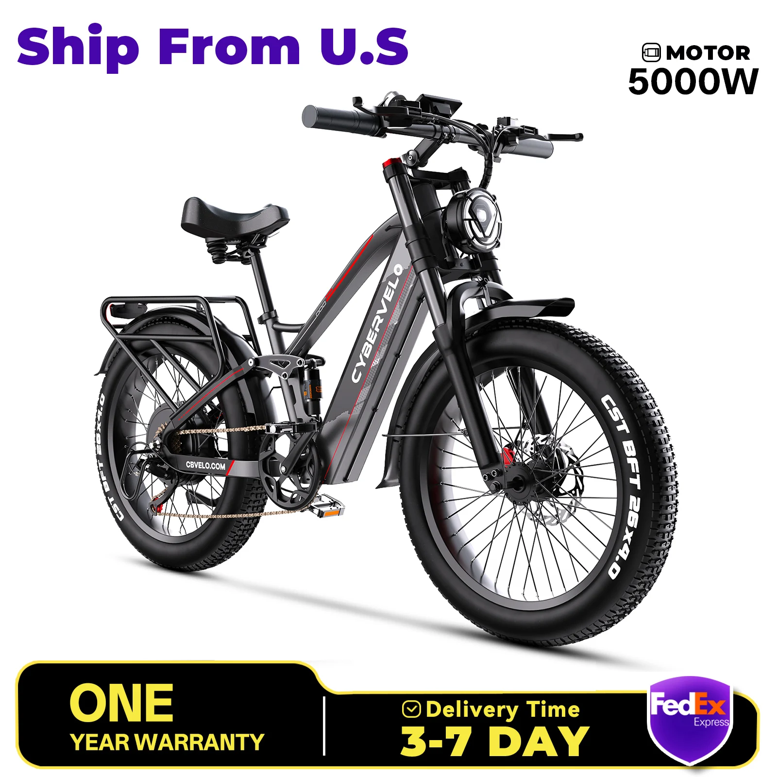 

Cybervelo EK9 26" All Terrain Powerful Ebike with 7-Speed Shift, 5000w Peak Electric Bicycle for Beach Snow Dirt Outdoor Explore