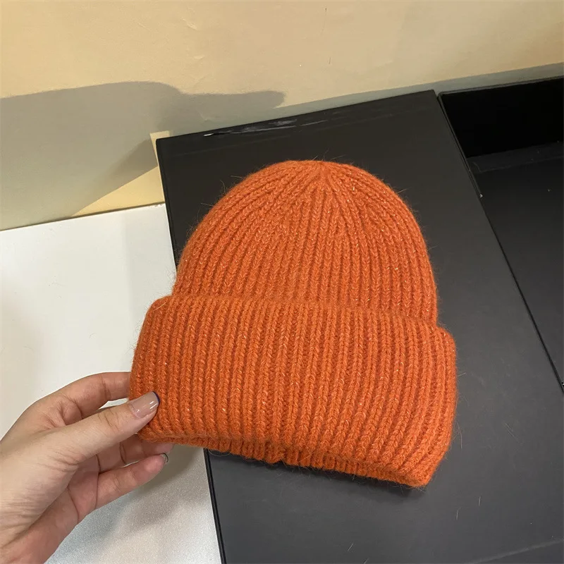 Thicken beanie cap for adult women New rabbit fur knitted hat Winter Unisex Girls Skullcap Solid plain skullies caps