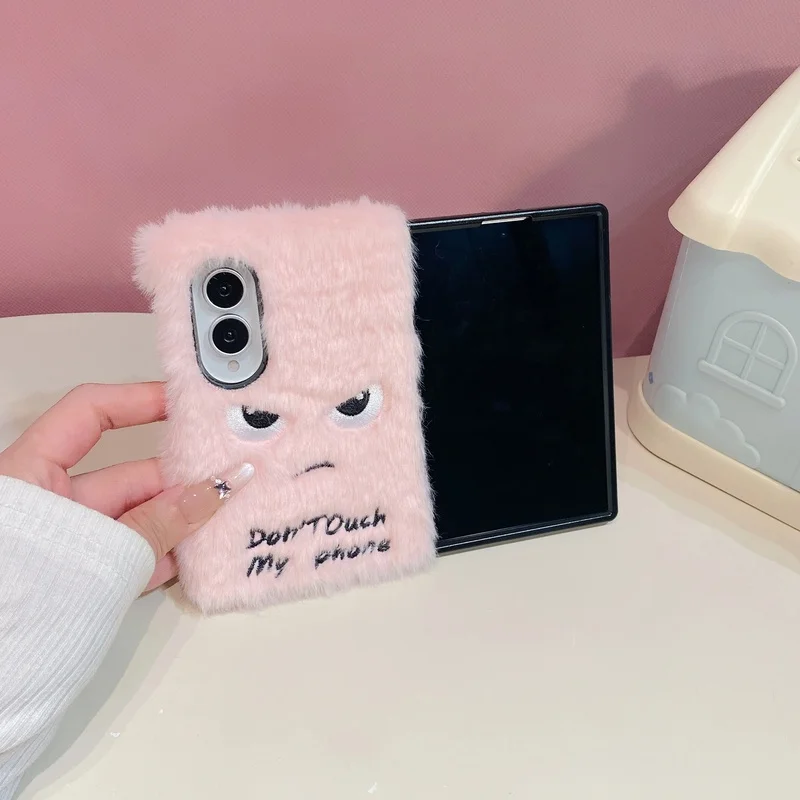Cartoon Expression Camera Lens Plush Phone Case For Samsung Fold8 Ultra Fold Flip 3 4 5 6 7 8 7FE Warm Fur Shockproof Back Cover