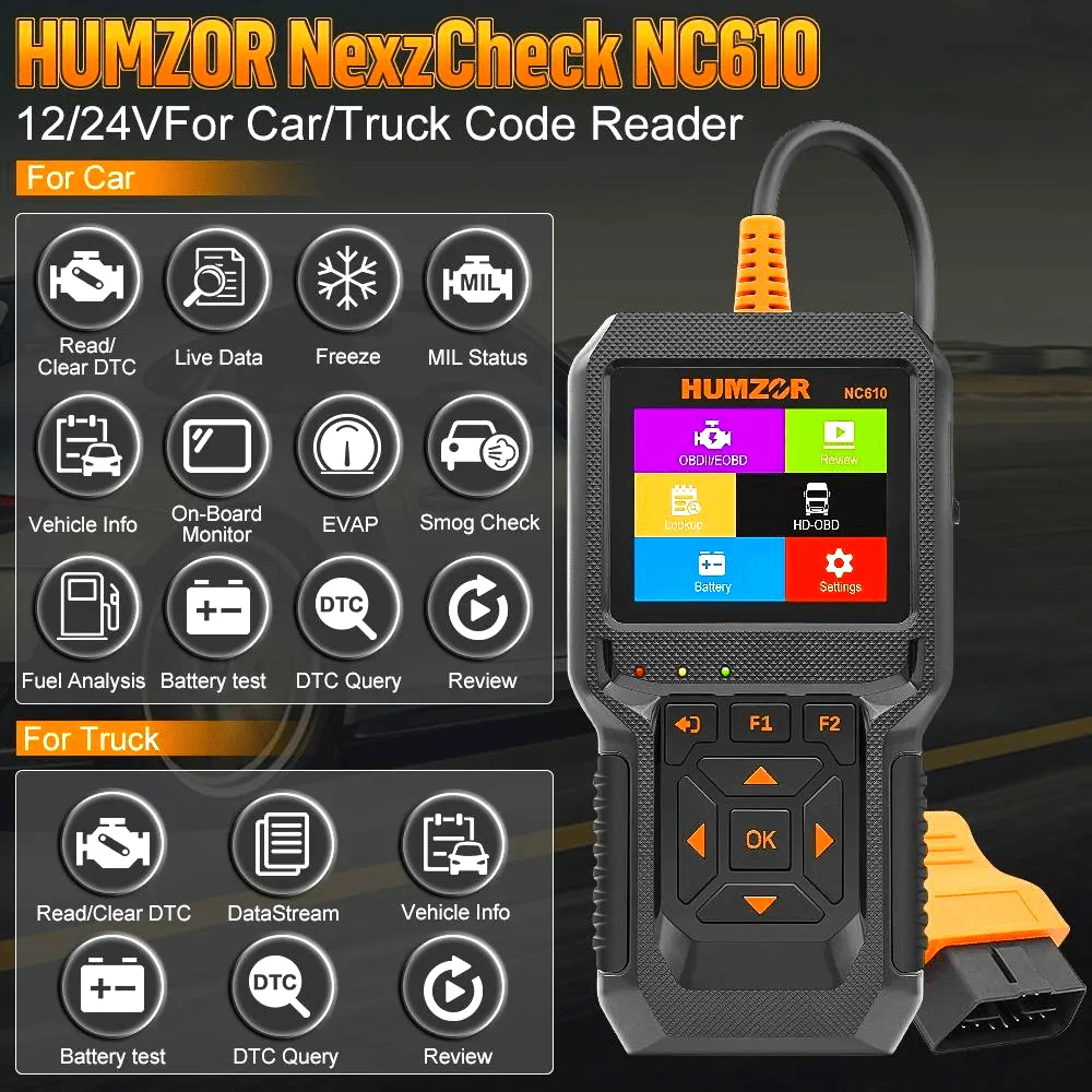 

HUMZOR NC610 code reader, 12V/24V OBD2 engine J1939 scanner, automotive automatic diagnostic tool, wireless,