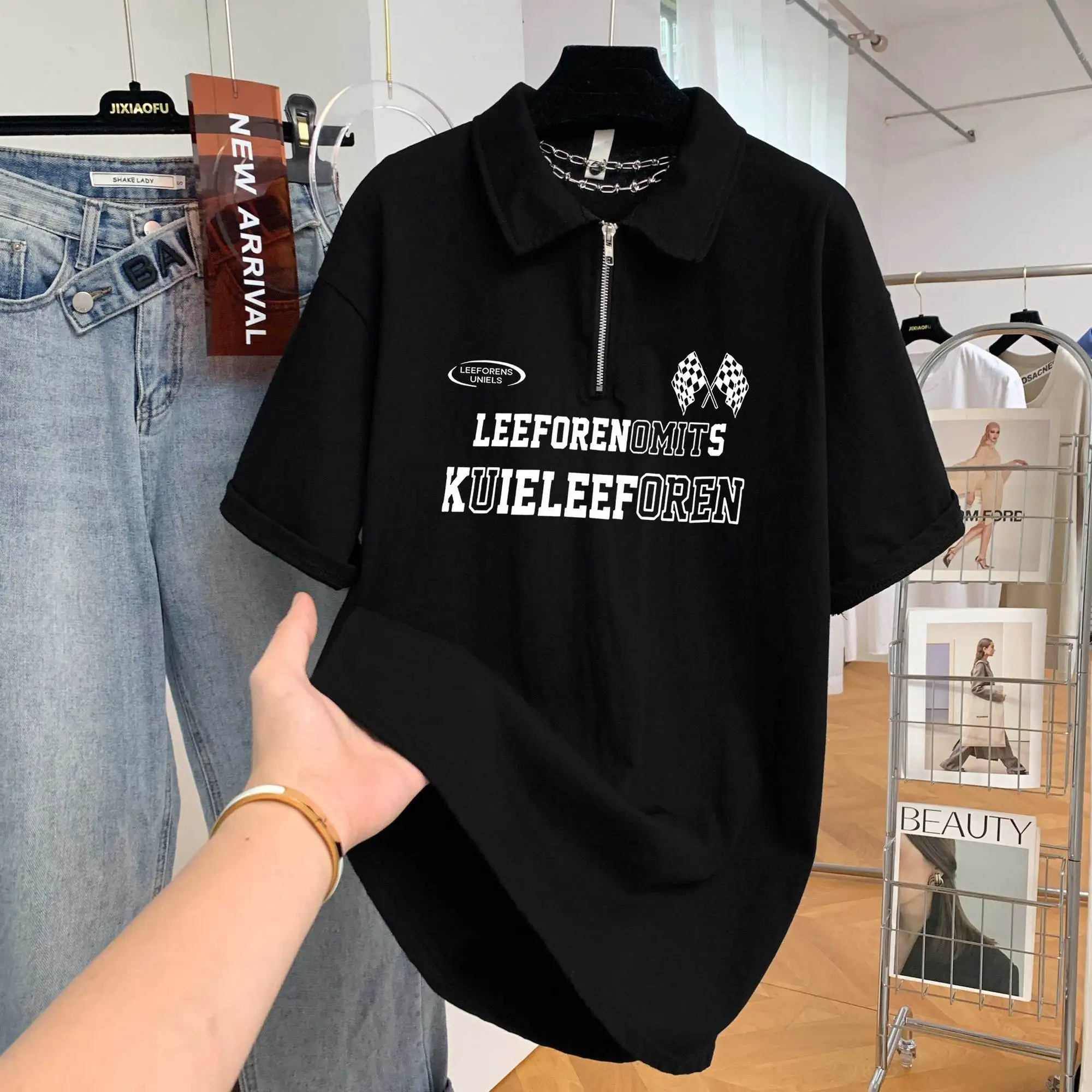 

Футболка унисекс больших размеров (до 136 кг) с коротким рукавом, воротником поло и молнией до середины груди, из чистого хлопка, летняя