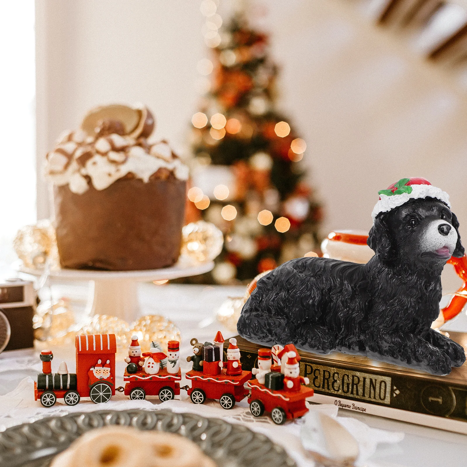 

1Pcs Resin Christmas Ornament Little Dog Statue with Christmas Hat Decorative Festive Dog Figure Creative Home Party Decor