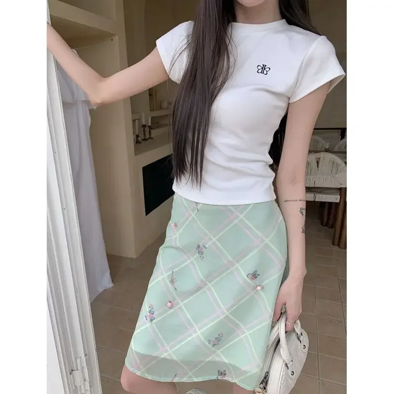 

New Summer 3D Flower Skirt Women Fashion High Waist Plaid Printed Vintage Casual Mini Skirts Y2k Clothes Preppy Jupe