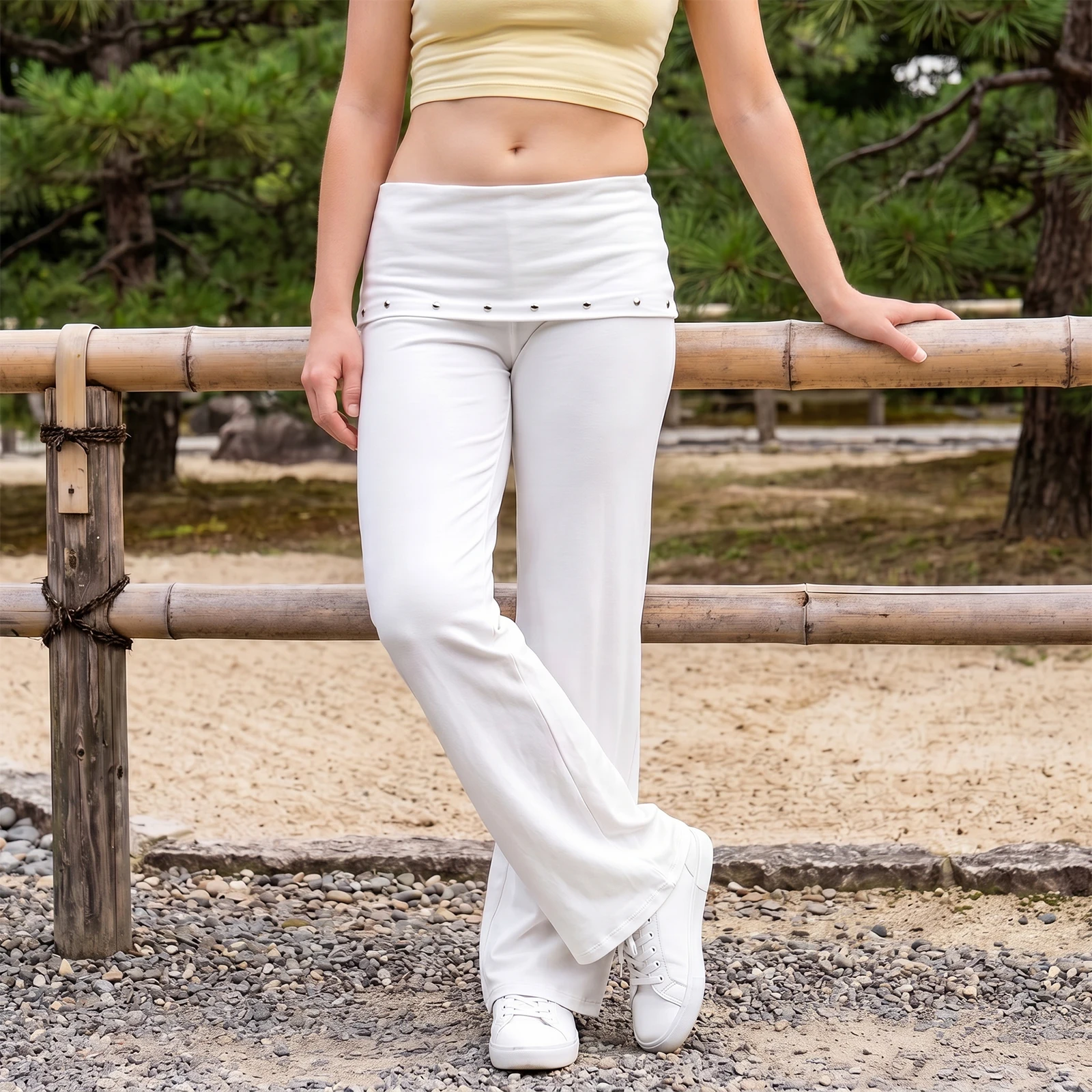 Women Summer Solid Color Fold Over Waist Pants Rivet Low Rise Casual Trousers Loose Sweatpants Streetwear