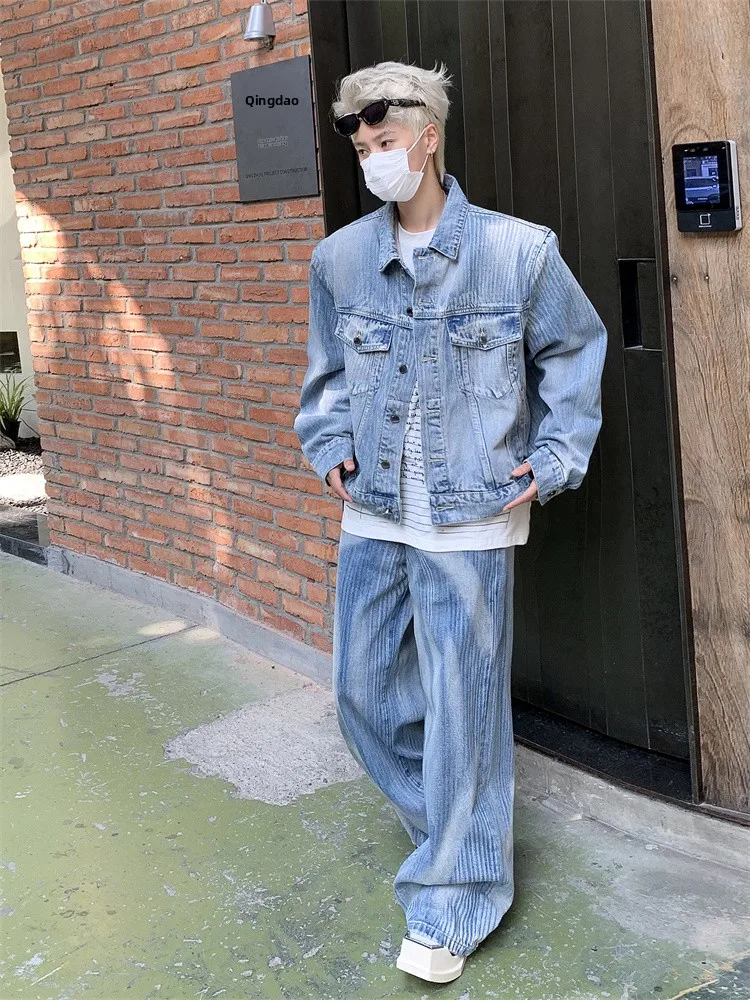 

Ретро джинсовая куртка для мужчин в американском уличном стиле, модный свободный крой, высококачественная рабочая одежда, комплект повседневной спортивной одежды для подростков