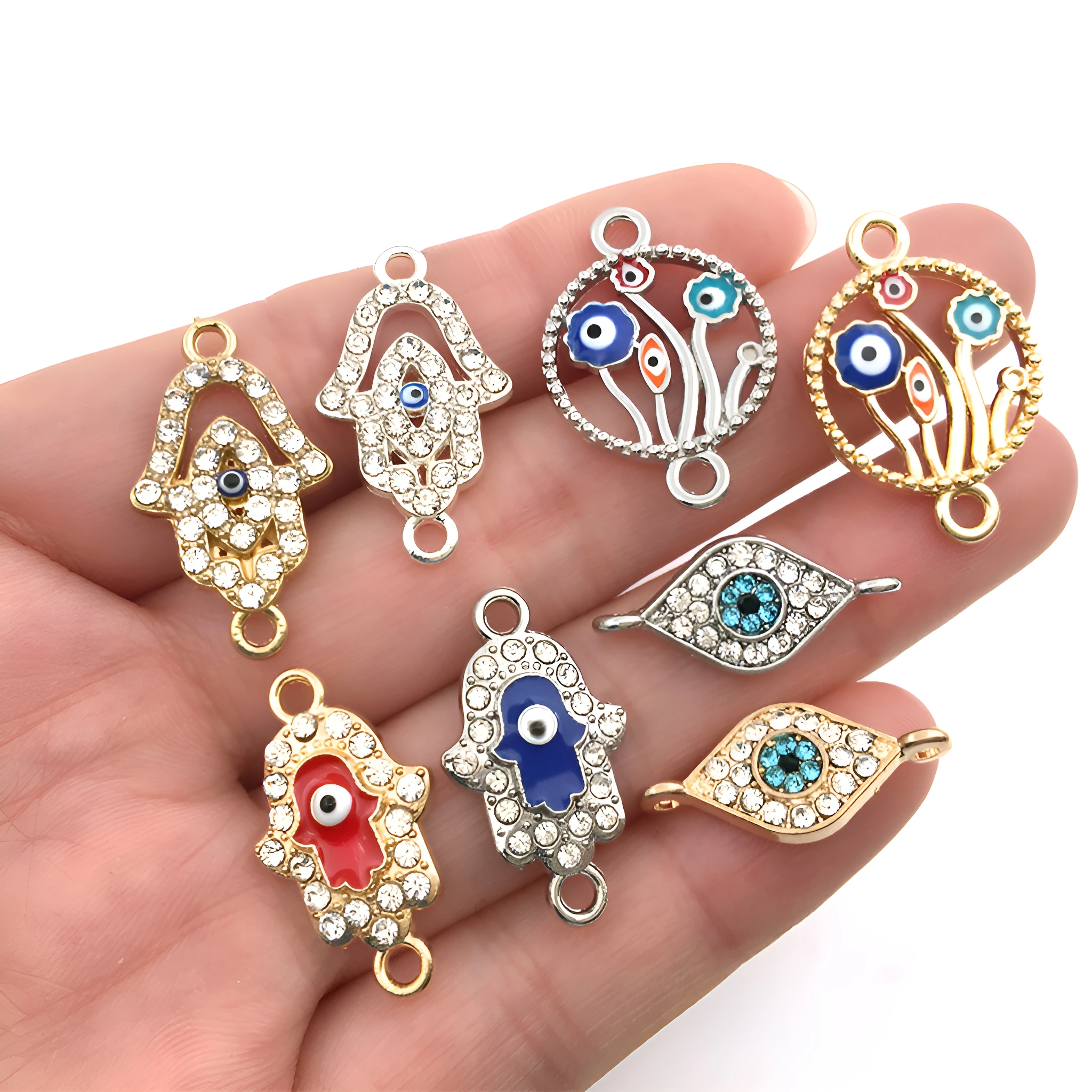20/22pcs Evil Eye & Ship Wheel Charms, Crystal Studded Dual Hole Eye & Nautical Pendants for DIY Bracelet Necklace Jewelry.