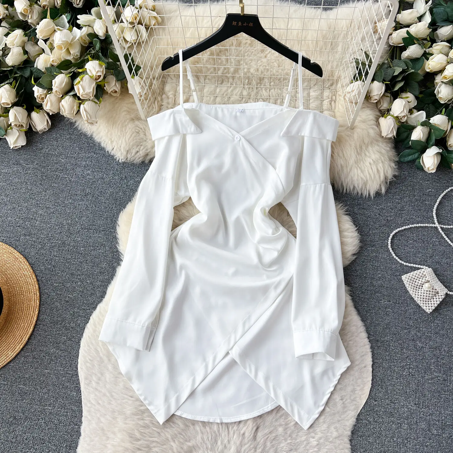 

Fashion Street Style Girls Suspender Shirt Dress Dress Autumn For Women Sexy Off Shoulder White Personalise Short Shirt Dresses