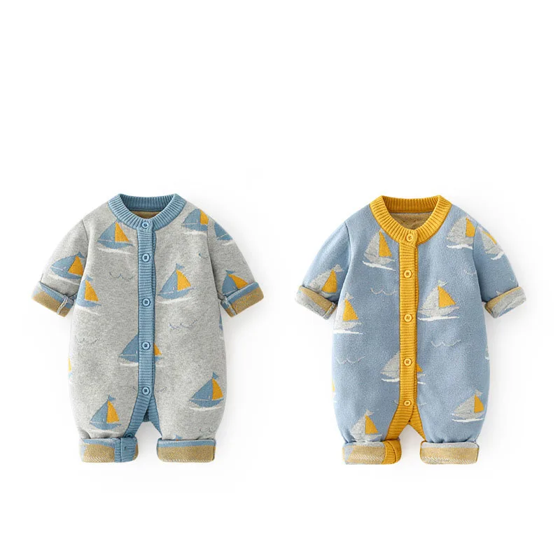 Spring Autumn 0-2 Year Ins Newborn Boys Bodysuit Knitted Sailboat Jacquard Infant Boys Jumpsuit Thicken Baby Boy Onesies