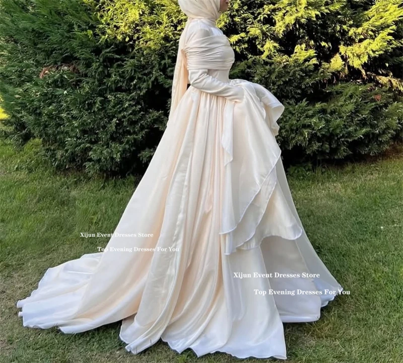 Xijun Luxury Beige Long Evening Dresses Pleated A-Line Long Sleeves Prom Dresses Modest Ruched Dubai Formal Prom Gowns Customize