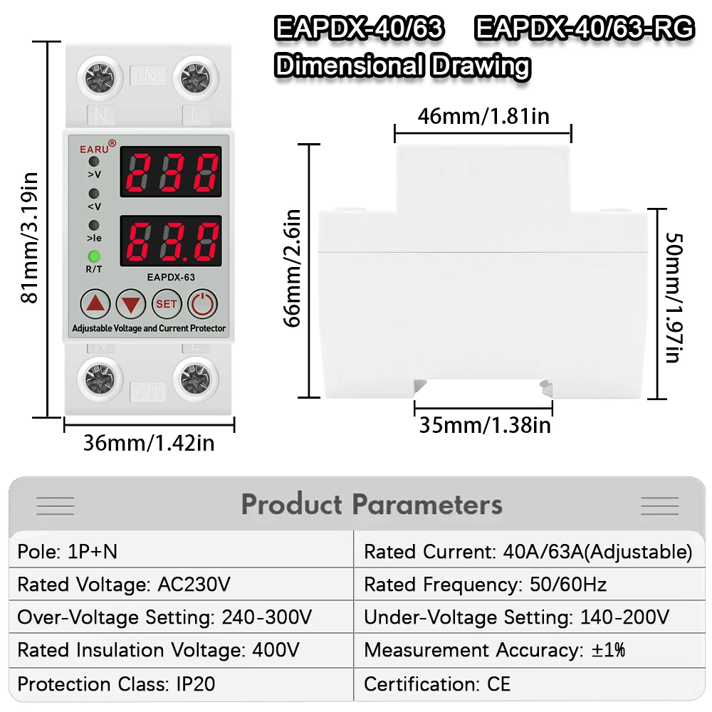 40A 63A 230V Szyna Din Regulowane nadnapięcie/podnapięcie Ochrona kWh Przekaźnik licznika energii Przekaźnik ochrony przed przekroczeniem limitu prądu — zdjęcie 4
