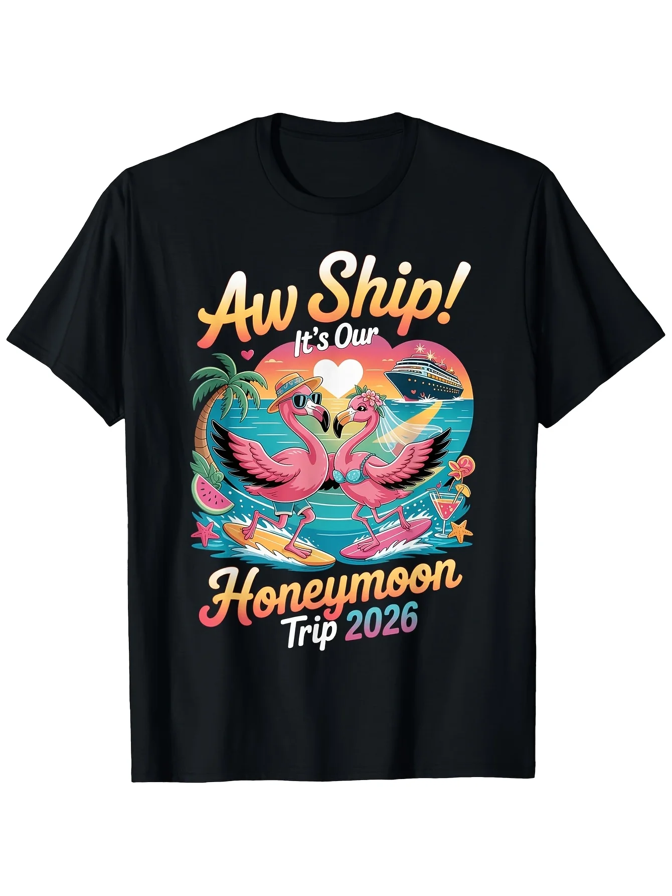 2026 Couple Honeymoon Cruise Flamingo Groom and Bride T-Shirt, Men and Women Same Fun Printed Short Sleeve T-Shirt S-XXXXXL 2026 Summer 180g