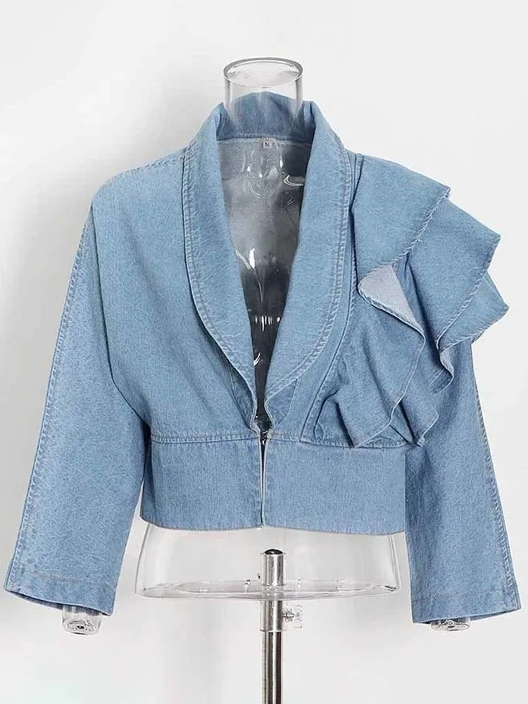 BPN Casual Denim Blouses For Women V Neck Long Sleeve Patchwork Ruffle Solid Pullover Vintage Shirts Female Fashion Clothing New