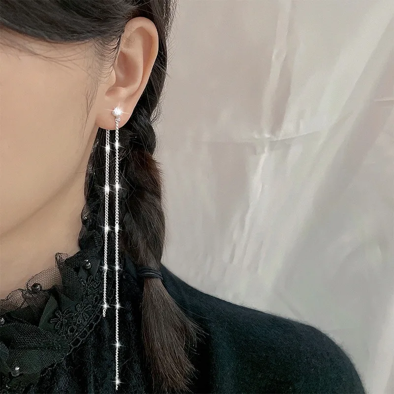 Silver Color Star CZ Long Tassel Chain Dangle Earrings Double Layer Drop Chain Sparkly Piercing Minimal Trendy Daily Jewelry Gif