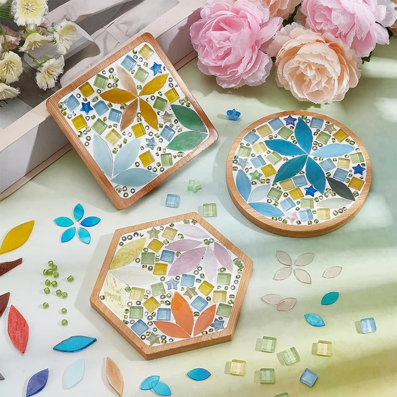 Set da 3 pezzi Kit artigianale per mosaico di foglie fai-da-te Set di sottobicchieri per mosaico di bambù fai-da-te Set di piastrelle per mosaico in vetro fai-da-te Decorazioni per la casa Regalo di compleanno