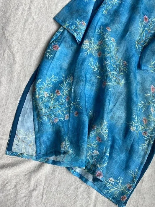 Sukienka midi damska w stylu chinoiserie z artystycznym kwiatowym wzorem, luźny krój, idealna na lato, do ceremonii parzenia herbaty, stylizacja w stylu Freen up.