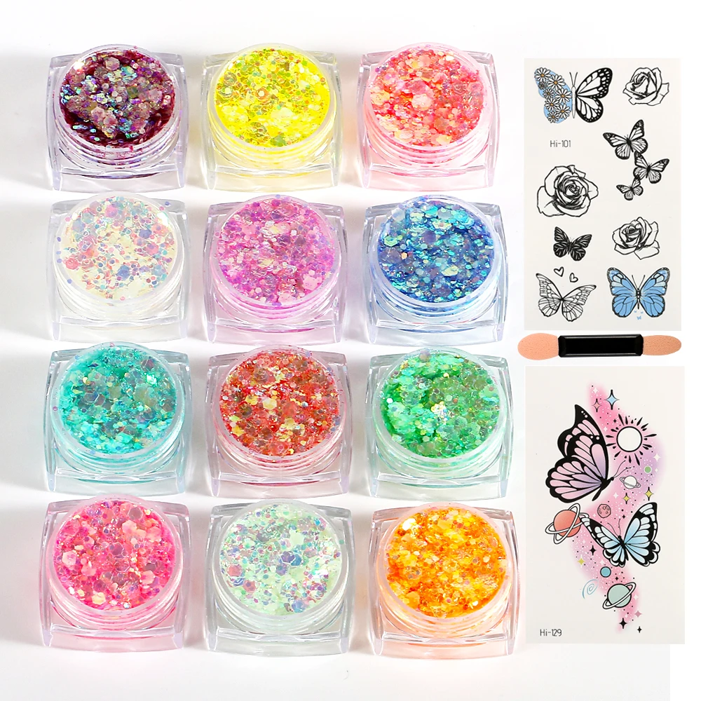 Bowitzki 12 cores que brilham no escuro glitter gel rosto glitter corpo glitter gel cabelo glitter gel uv glitter ou raves festivais ﻿