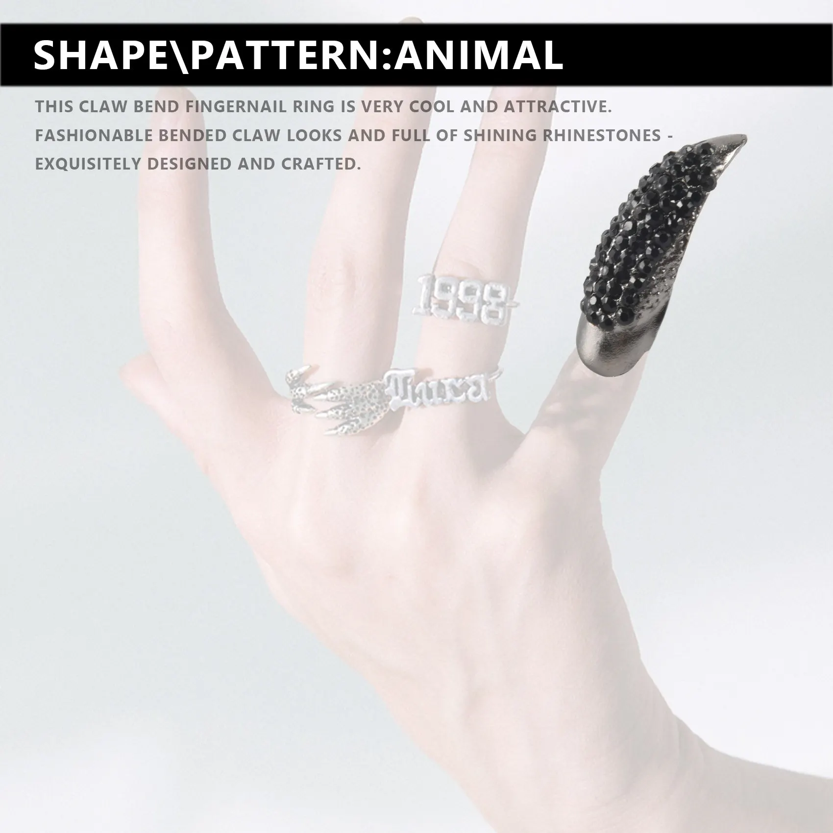 10Pcs/Set Diy Jewelry Punk Style Paved Paw Bend Fingertip Finger Claw Ring Set Fake False Nails Set black