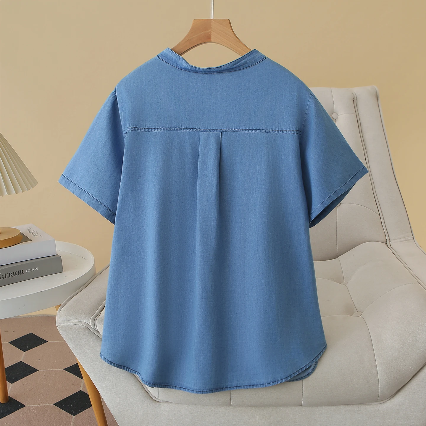 2026 Summer Plus Size Thin Denim Pleated Open Blouse Short Sleeve Daily Shirt Curvy Ladies 2603 view 4