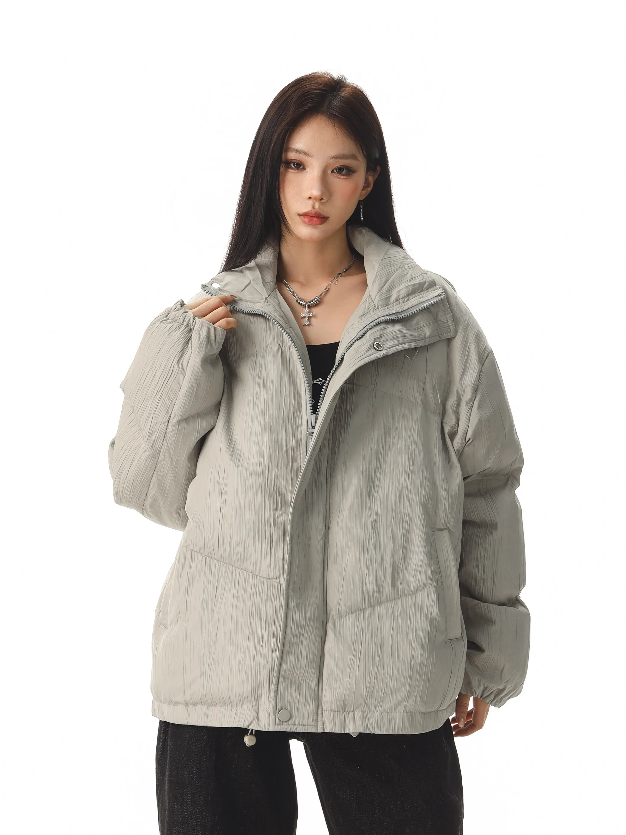 

Thiened Casual Loose Cotton Jaet with Embroidery Stand Collar Beer Captain American Retro Print High Street Outerwear