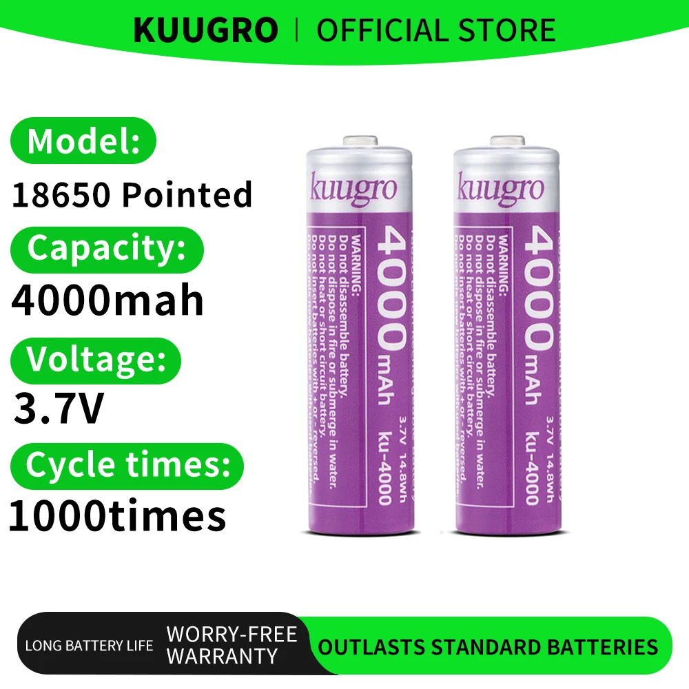 Kuugro 18650 4000mAh Pointed Head Battery 3.7V Highest Capacity 12A Discharging Rechargeable Batteries For Flashlight Batteries