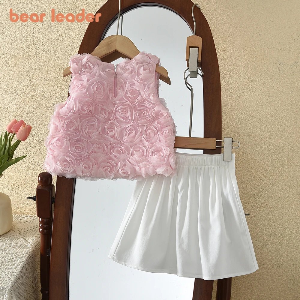 

Bear Leader Korean Version Children's Clothing 2026 Fashionable Sweet Girls Clothes Pink 3D Rose Vest Top + White A-line Skirt