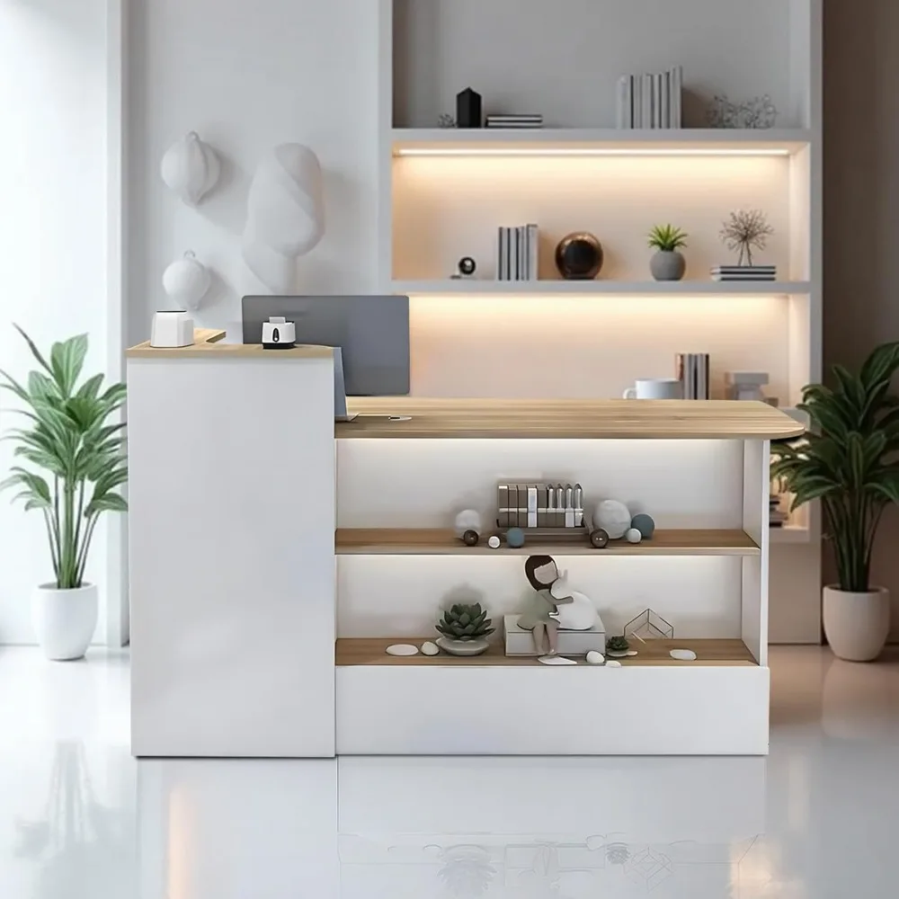 

Modern Reception Desk Counter with Lockable Drawer & Open Shelves, Office Wooden Computer Front Desk with Cabinet for Salon Rece