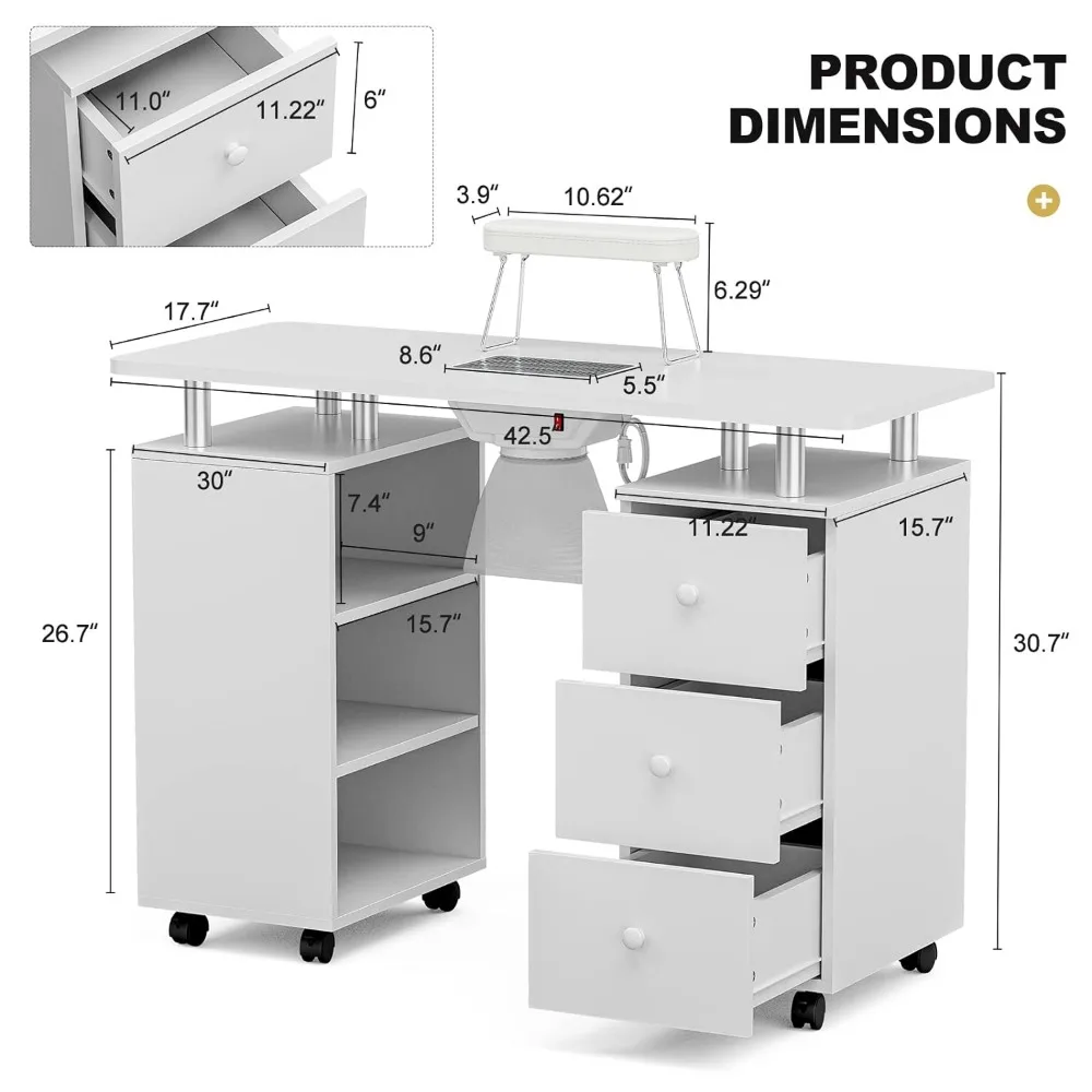 Paddie Manicure Table, Beauty Manicure Desk Nail Table Station for Nail Tech w/Electric Downdraft Vent, Foldable Nail Arm