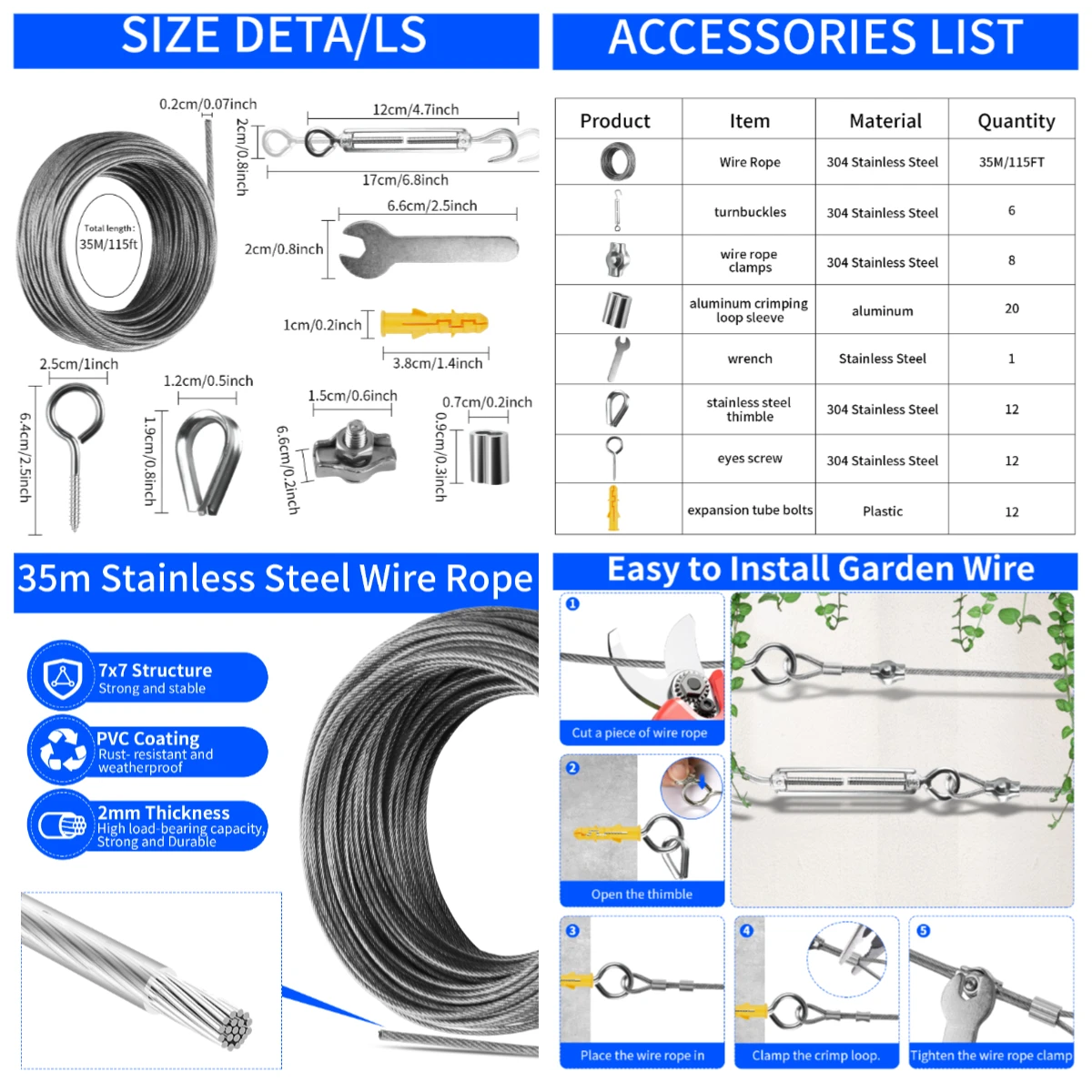 Shade Sail Wire Rope Kit 4/47/60/72Pcs Stainless Steel Hardware Kit Heavy Duty Anti-Rust Hardware Kit Set Garden Shade Accessori