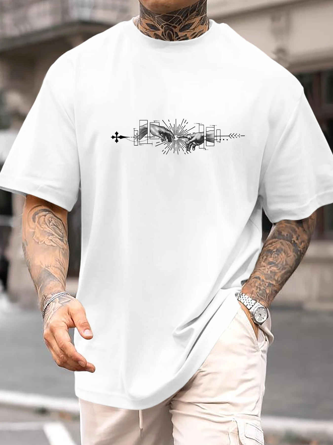 Men's Creation of Adam Cross Print T-Shirt Casual Streetwear Oversized O-Neck Short Sleeve Graphic Tee Tops  S-XXL
