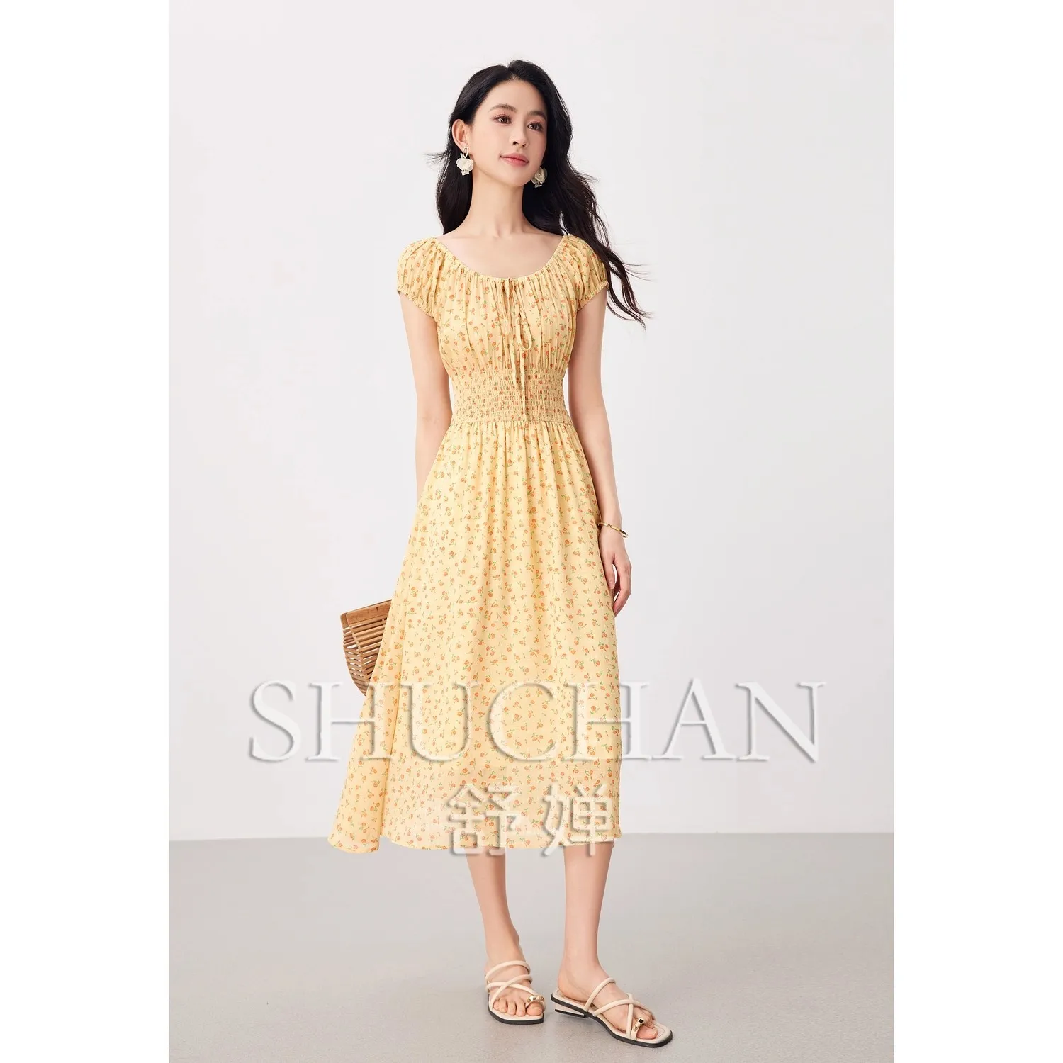 

25 Summer Fresh Pastoral Floral Temperament Bubble Sleeves Wrap Waist French Tea Break Dress Women