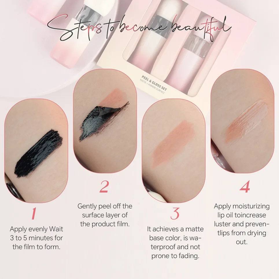 ビーガンメイクアップ マット防水ピールオフリップグロス プライベートラベル ミラーフィニッシュ リキッドリップグロスセット カスタムロゴ 卸売