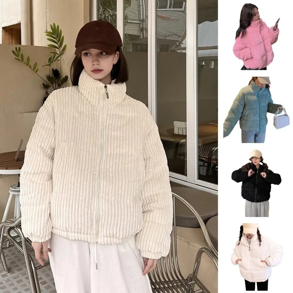Women's Winter Jacket Corduroy Puffer Short Down Jacket Warm Quilted Cotton Coat Stand Collar Outerwear For Daily Work School