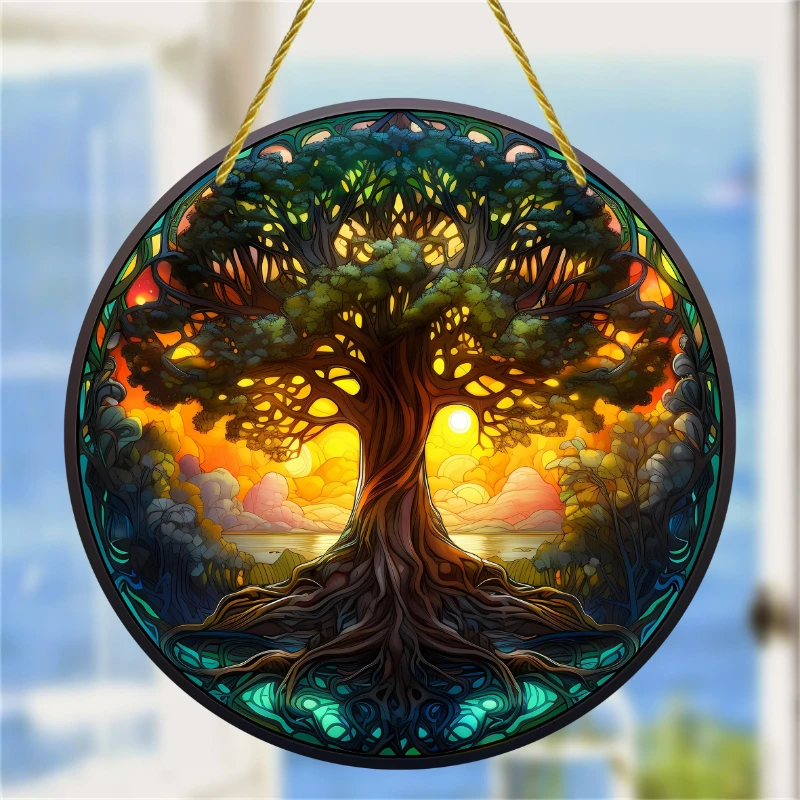 1pc Tree Of Life Suncatcher Wall Sign Round Dyed Acrylic Art Board Painting Plaque Pendant For Farmhouse Hanging Home Decoration