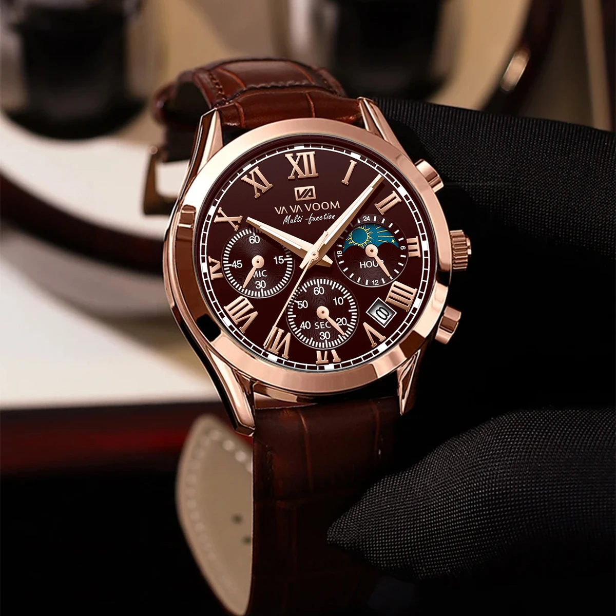 Reloj Multi Functional Mens Sports Watch 40mm Rose Gold Leather Luminous Timing Quartz Movement Casual Fashionable Men Watchrs