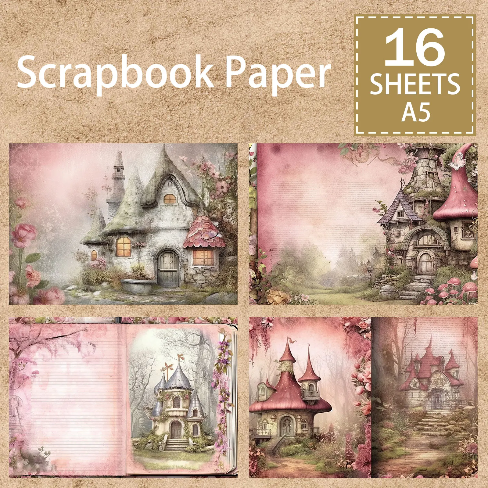 16 Sheets A5 Size Romantic And Dreamy Pink Mushroom Castle Background Vintage Grunge Journal Planning Scrapbooking