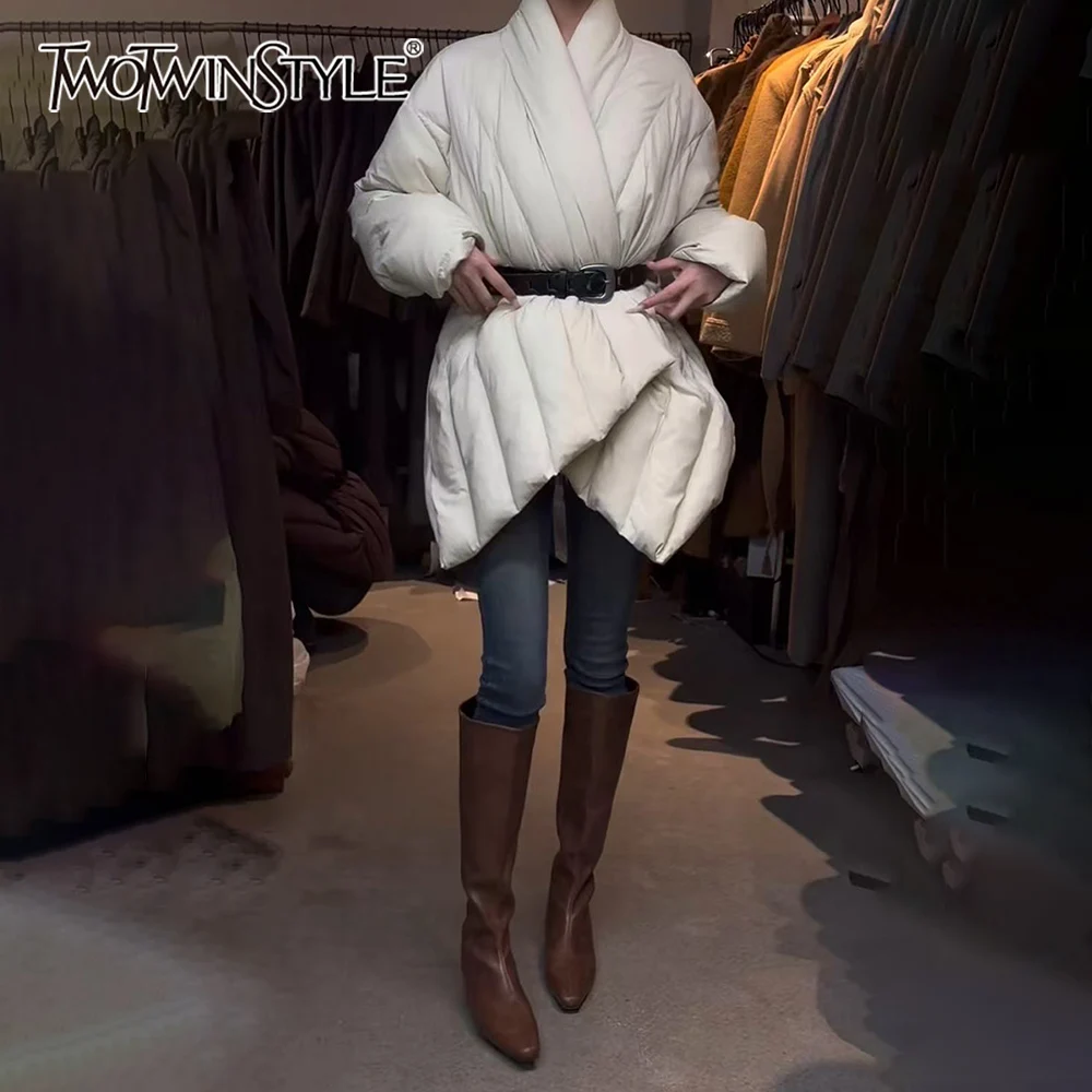 

TWOTWINSTYLE Solid Spliced Sashes Jacket Female Stand Collar Long Sleeve Loose Office Commute Women's Jackets Autumn Fashion New