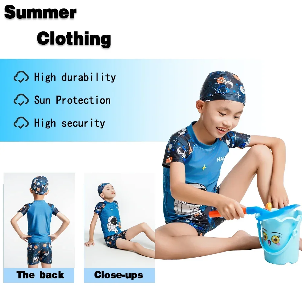 2024 Children\'s New Swimsuit Cartoon Pattern Children\'s Swimwear Boys Split Design Suitable Swimming Suit Beachwear with Hat