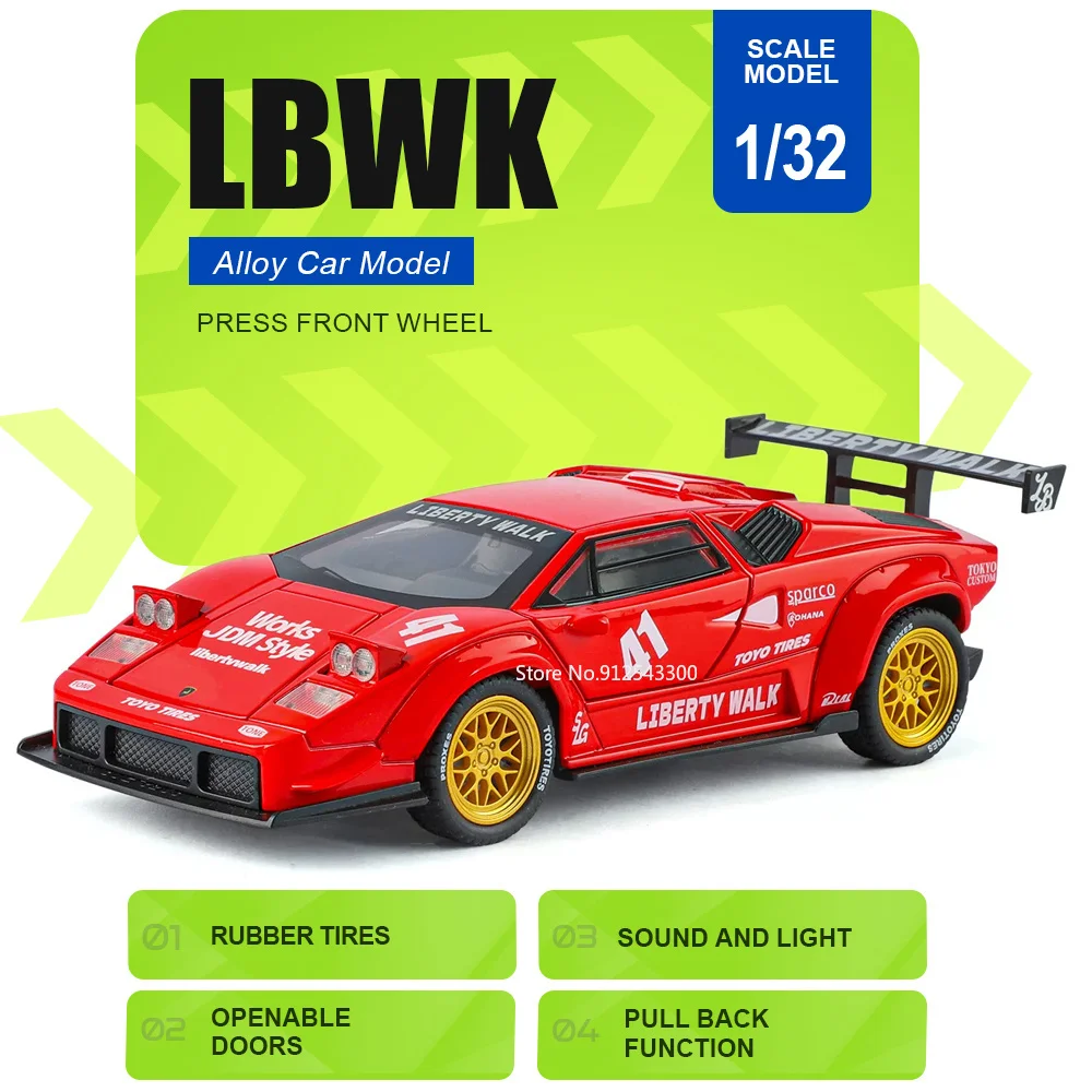 1:32 Scale Countach LBWK Fenomeno‌ Car Model Toy Doors Opened Sound Light Models Pull Back Rubber Tires Vehicle Home Decorations