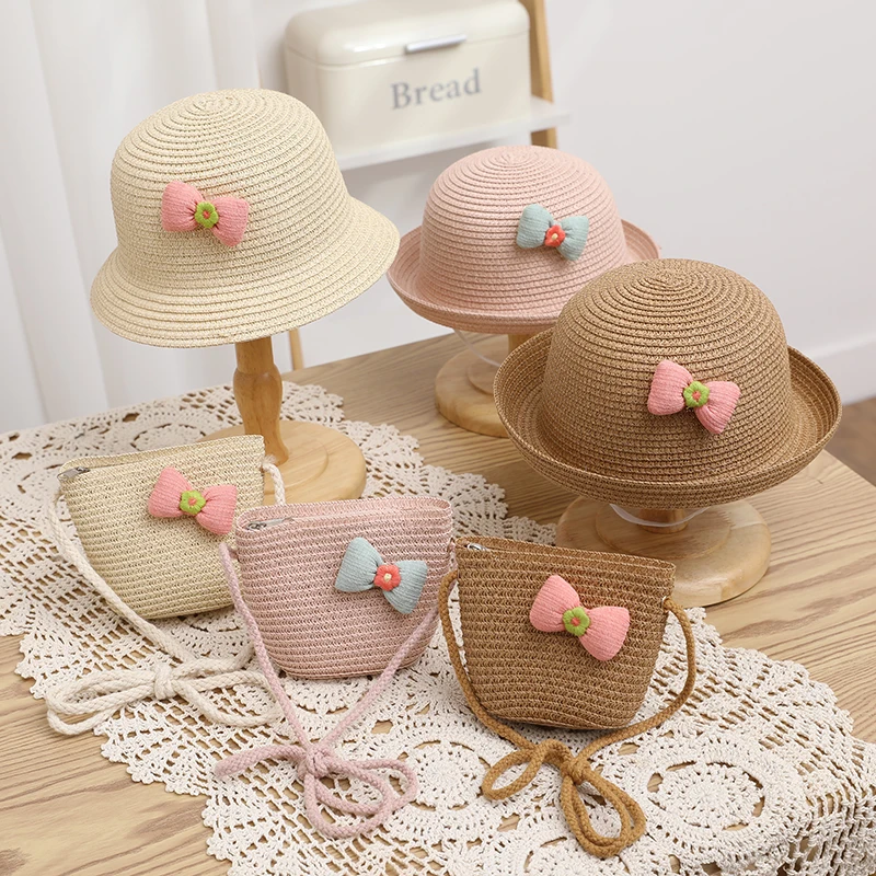 Kids Girls Large Wide Brim Straw Woven Sunshade Beach Hat Colorful Pompom Ball Summer Floppy Sun Cap Handbag for Girls Baby