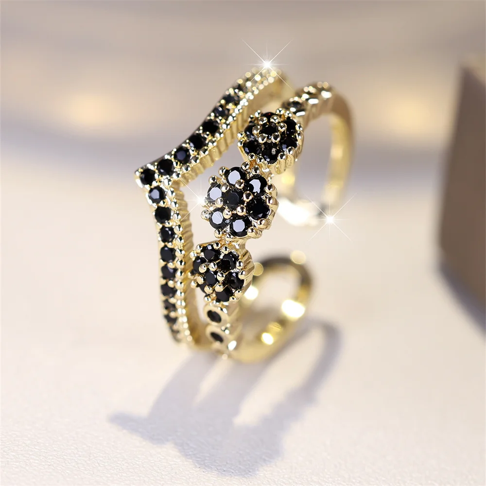 Vintage Black Zircon Opening Ring Multicolor Crystal Small Stone Engagement Rings For Women Vintage Gold Color Wedding Band Gift