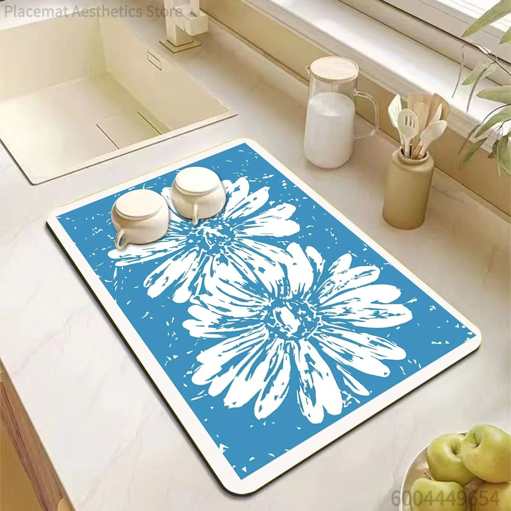 Retro Abstract Floral Art Print Super Absorbent Drying Mat Waterproof Kitchen Counter Drain Pad Decor Placemat