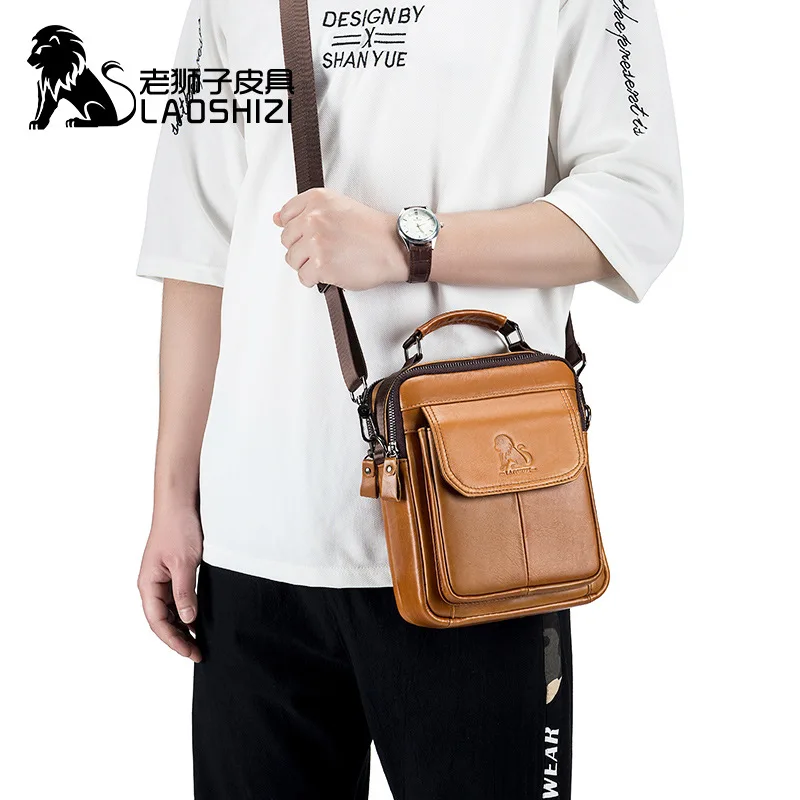 LAOSHIZI New Luxury Men's Genuine Leather Shoulder Bag Multifunctional Casual Crossbody Bag 100% Cowhide Men's Handbag