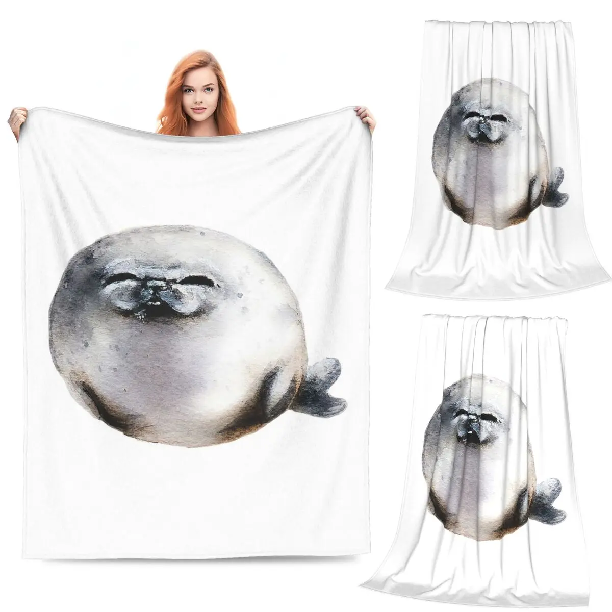 

Happy Fat Seal Watercolour Painting Blankets Flannel Sofa Throw Blanket for Home Bedroom Outdoor Throws Bedspread Quilt